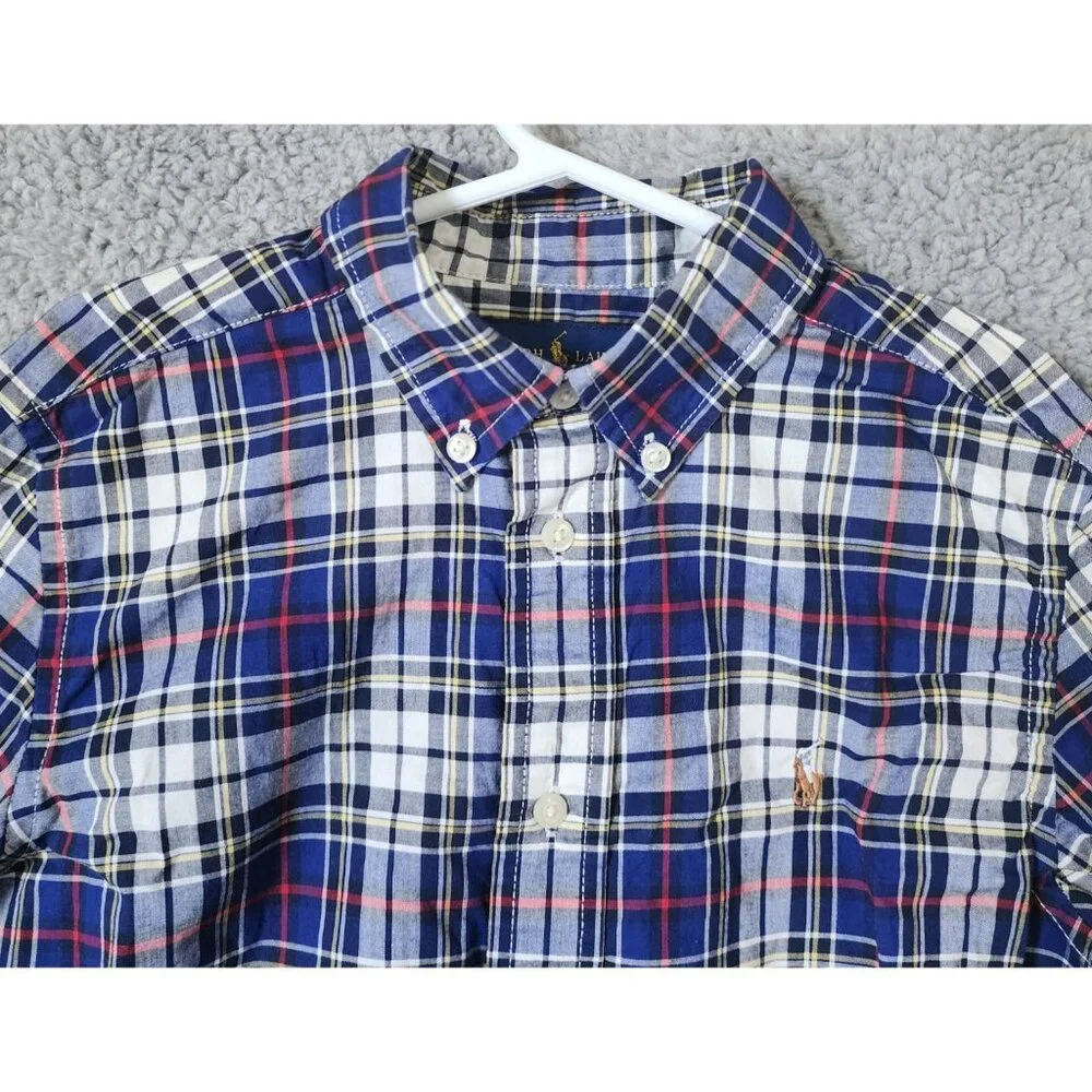 Ralph Lauren‎ Youth Size 7 Blue Plaid Natural Stretch Button Down LS Shirt